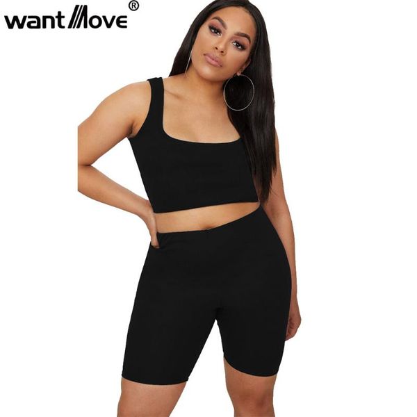 

wantmove 2021 summer women two piece suit solid color vest crop slim hip shorts sportwear am065 women's pants, White