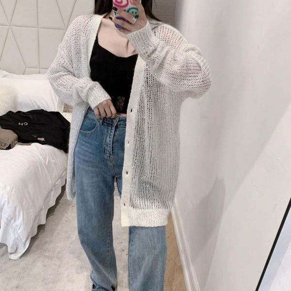 

women's knits & tees tvvovvin fashion long sleeve hollow out sequins mid-length knitting cardigan spirng loose casual sweater yzok, White