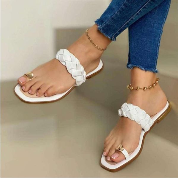 

big size women flip flops 2021 women's summer slides ladies weave flat casual shoes female footwear woman square toe slippers, Black