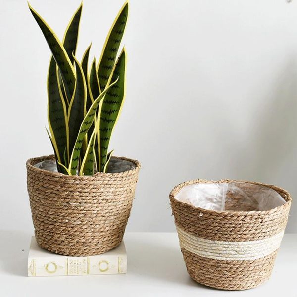 

grass woven flower basket, pot, potted green plant, basket storage baskets