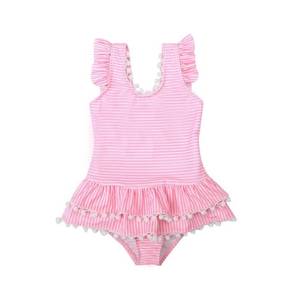 

lovely girls pom swimwear striped bathing suit for toddler kids fresh princess tassels swimsuit beachwear 210529, Black