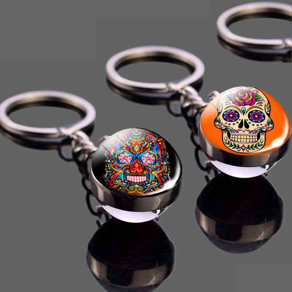 

2021 new keychains sugar skull glass ball keychain keyring mexico folk art pendant dome jewelry vintage accessories men gift whole, Silver