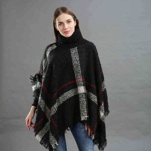 

2021 fashion winter warm turtleneck capes & ponchos for women oversized shawls wraps tassel fringe knitted pashmina female mujer h1123, Blue;gray