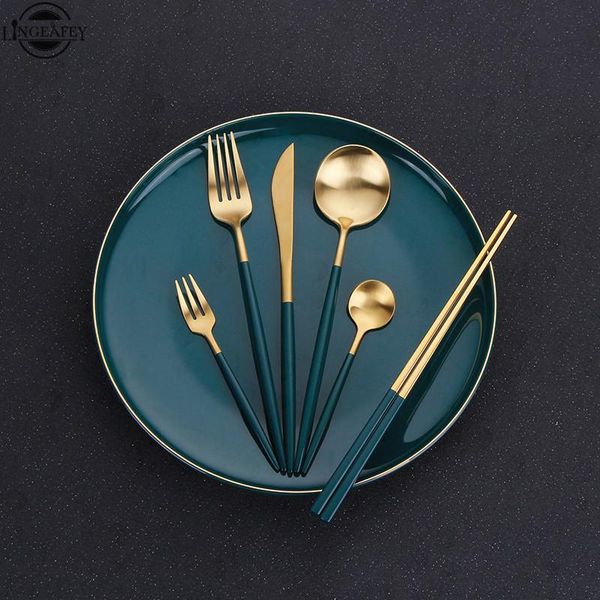 

dinnerware sets spoon and fork set green stainless steel golden cutlery full tableware cute gift drop