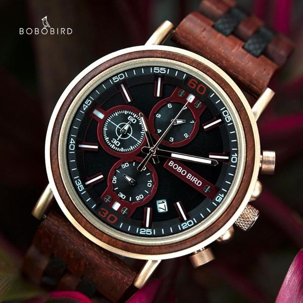 

wristwatches bobo bird wood watch men chronograph military satch male timepieces show date for boyfriend gifts box relojes hombre, Slivery;brown