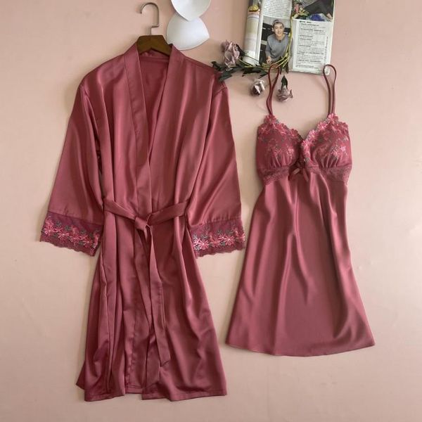 

women's sleepwear 2021 kimono robe set female bridal wedding 2pcs bathrobe suit satin loose intimate lingeire summer lounge negligee, Black;red