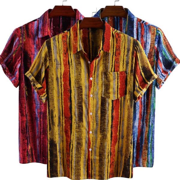 

short sleeve casual shirts mens striped printed turn down collar summer male slim clothes streetwear men's, White;black