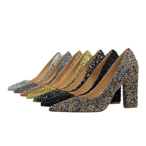 

dress shoes gold chunky high heels bling glitter pumps woman designer office wedding sapatos female lolita escarpin, Black