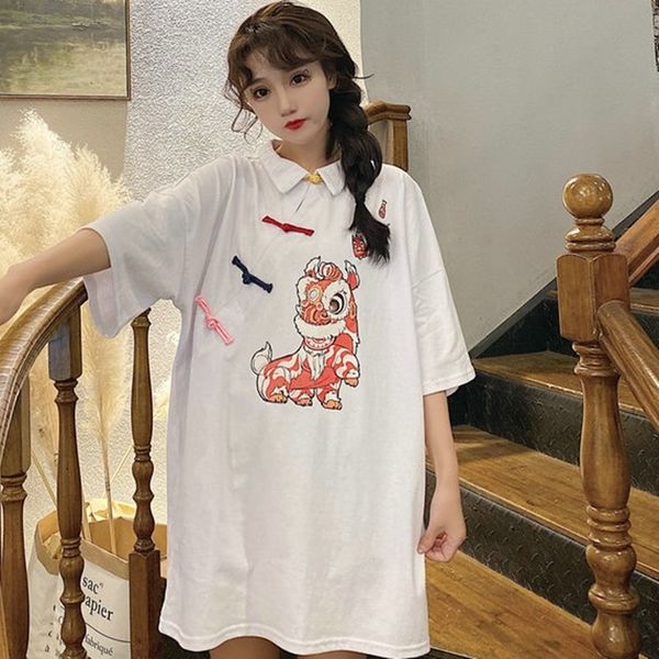 

cheongsam 2021 summer dresses robe women casual cotton linen dress lion print vintage loose women chinese style dress 10540, Red