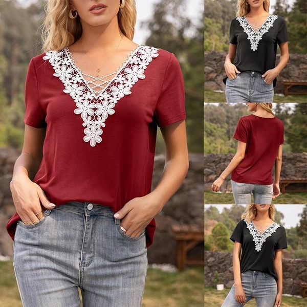 

women's t-shirt deep v-neck hollow lace stitching top, White