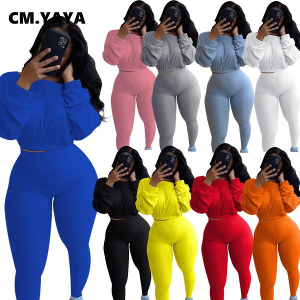 

cm.yaya knitted ribbed women's set long sleeve sweater pencil pants suit active wear tracksuit two piece fitness outfits 210930, White