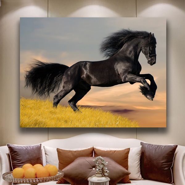 Pintura de decoración, póster de arte de pared moderno, pintura de caballo impresa en lienzo, imagen de carrera de amanecer para sala de estar, Cuadros sin marco