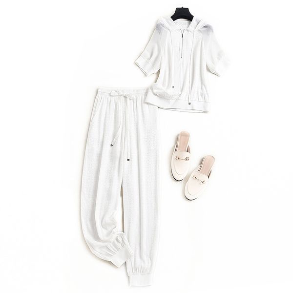 

pants fashion suits european silk leisure sports women's summer 2021 simple hooded t-shirt leggings 17893, White