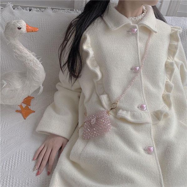 

women's wool & blends junerain winter coat women warm sweet loose trench female button patchwork korean japanese kawaii chic thick, Black