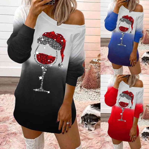 

fashion casual merry christmas prints womens dresses o-neck off-shoulder long sleeves sweatshirts dress blouse shirts female 2022, Black;gray