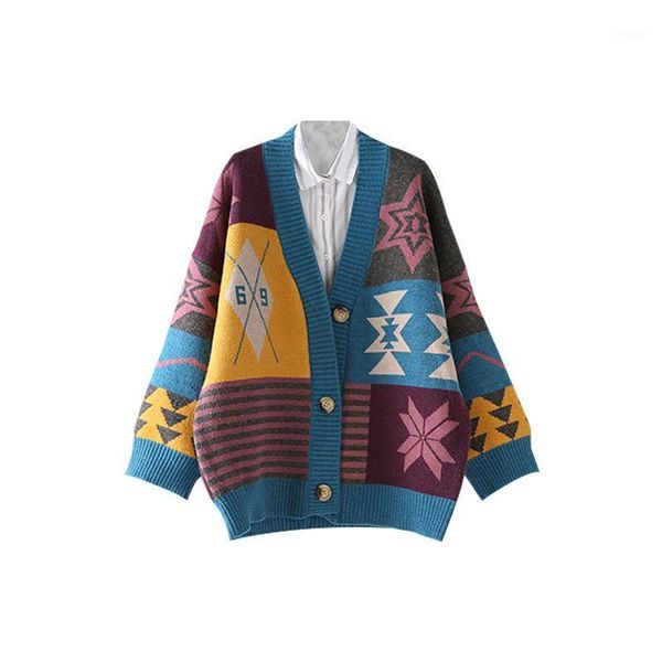 

women's sweaters korean single breasted knit sweater vintage plaid hit color patchwork jumper college women cardigan v neck long sleeve, White;black