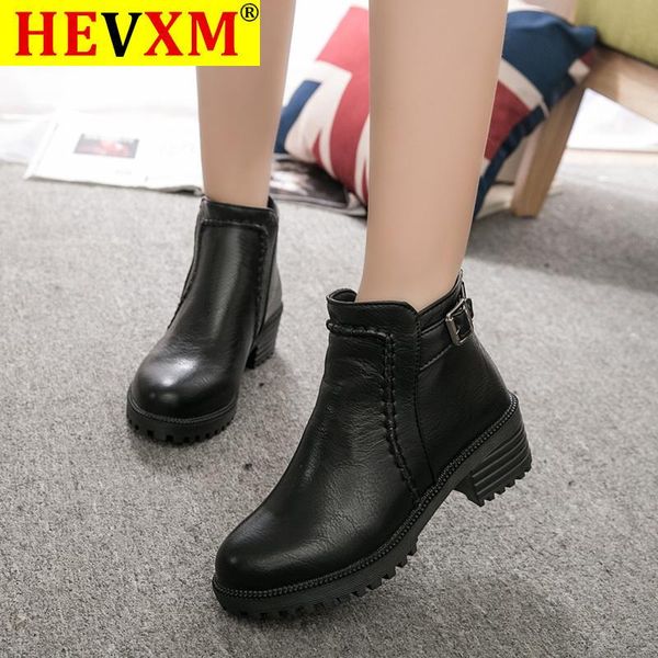 

boots women's ankle zipper square heel vintage print leather shoes for women buckle strap round toe casual short, Black