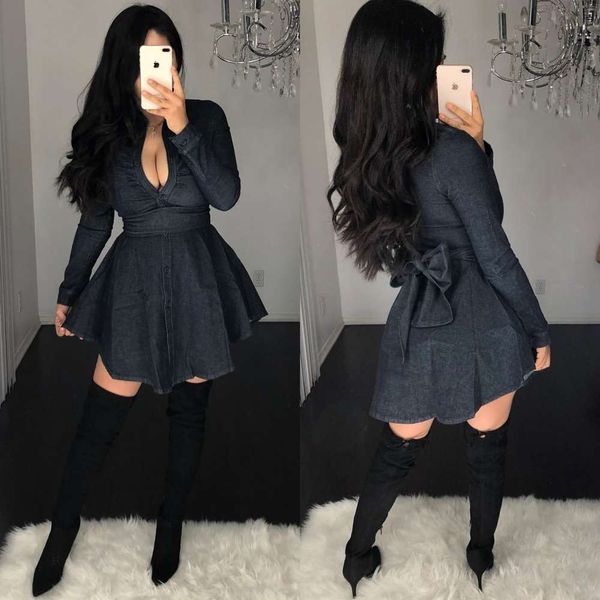 

women's autumn and winter denim shirt skirt swing dress, Black;gray