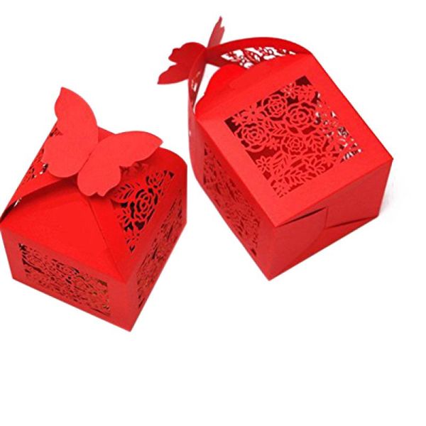 

50pcs roses cut favor candy box with ribbons bridal shower wedding party favors (red) gift wrap