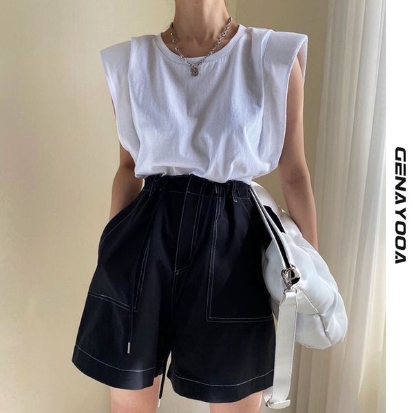 

genayooa casual women's tank o neck sleeveless loose ruched streetwear vest for female fashion clothing summer 210417, White
