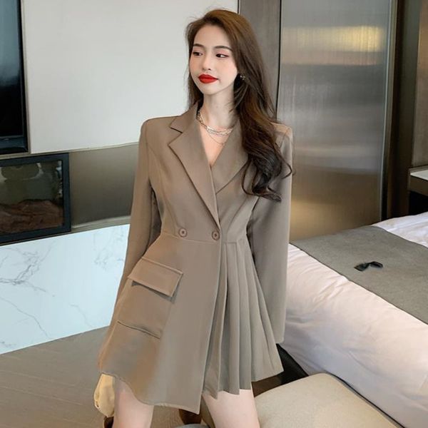 

[ewq] spring female new slim casual double breasted solid color long sleeve minimalist pleated hem a-line blazer dress 210423, Black;gray