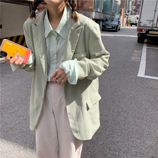 

cream green fresh women chic pockets casual brief all-match solid elegance office lady loose blazers 210421, White;black