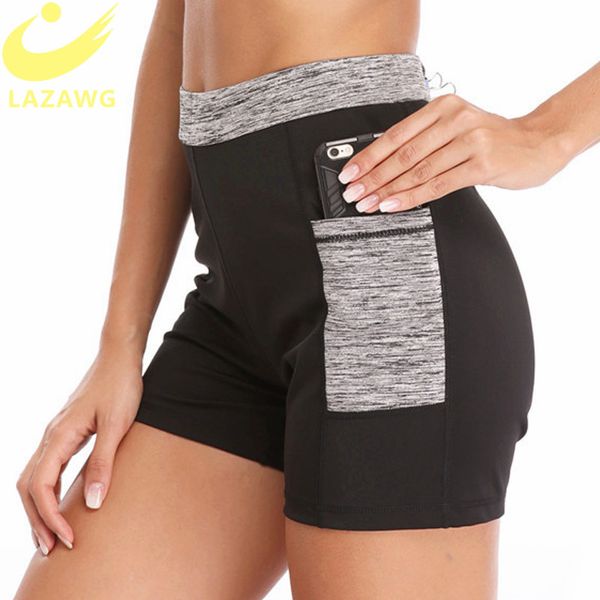 

lazawg women sport shorts phone pocket gym pants sweat neoprene sauna shorts workout pant slimming legging capris shorts, Black;white