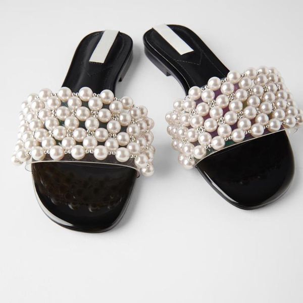 

women's shoes black pearl flat leather sandals women low-heel roman slippers