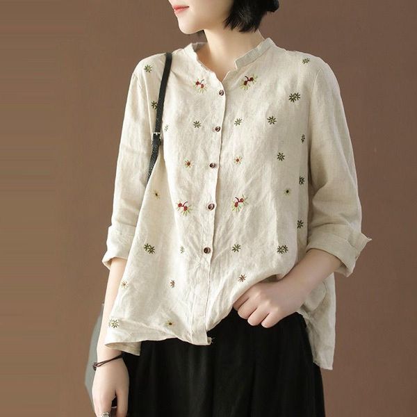 

spring arts style women long sleeve loose shirts flower embroidery cotton linen vintage blouse plus size v77 women's blouses, White