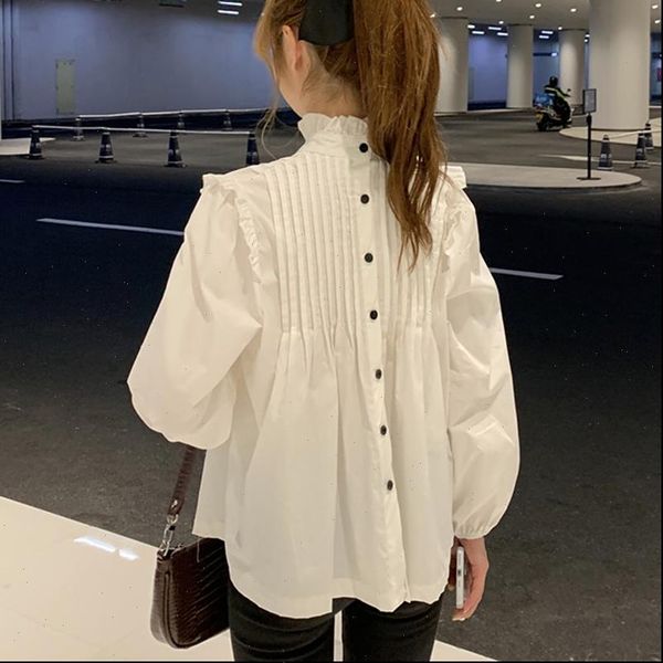 

korean white long sleeve back womens blouses button plus size pleated spring autumn blusas mujer