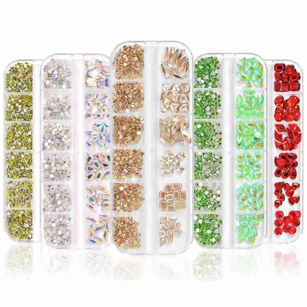 

nail art decorations 12 grids colorful crystal rhinestones acrylic stones shiny flat drill glitter stone 3d diy nails, Silver;gold