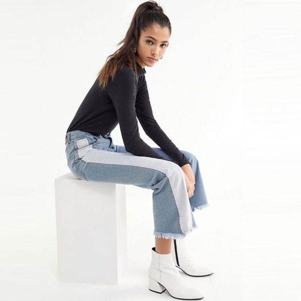 

women's jeans side line loose fit women middle waist skinny wide leg blue denim pants zipper bleached washed