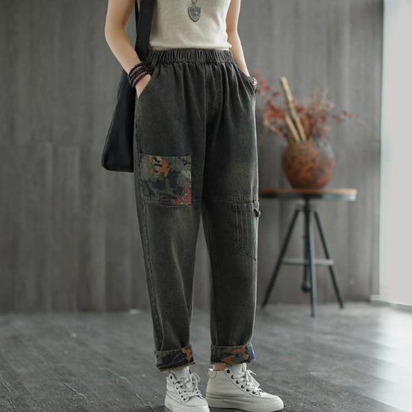 

johnature full length retro patchwork print pockets elastic waist denim harem pants autumn leisure loose women jeans 210521, Blue