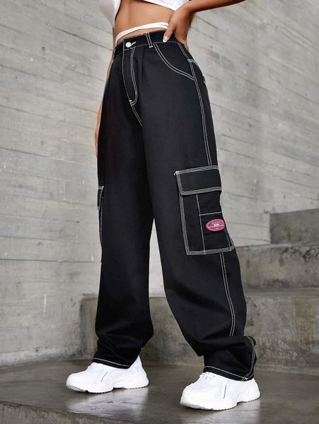 

patched detail flap pocket wide leg jeans f1xo#, Blue