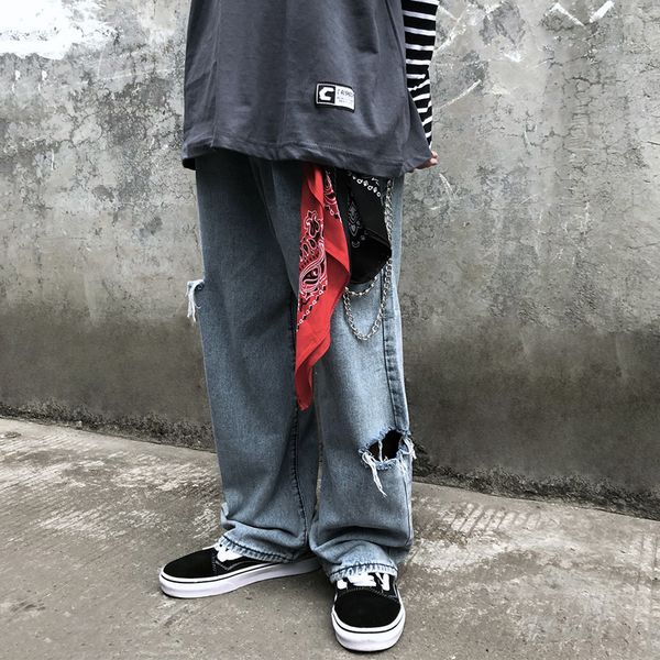 

men's jeans wholesale fashion denim teenagers hip-hop solid color ripped hole japanese washed jeans trendy men's street loose trou, Blue