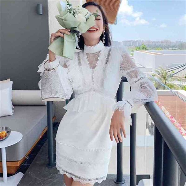 

elegant womens dress puff sleeve lace beading mesh sleeve tunic white long a-line mini party 210603, Black;gray