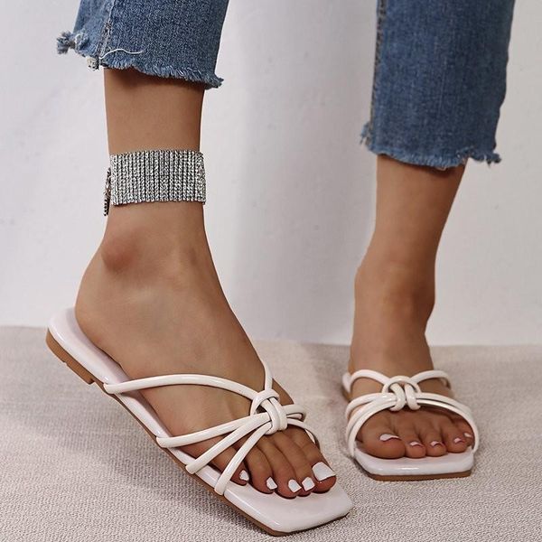 

slippers 2021 women square toe woman knot weave shoes female narrow band slides ladies summer beach fashion flats plus size 43, Black