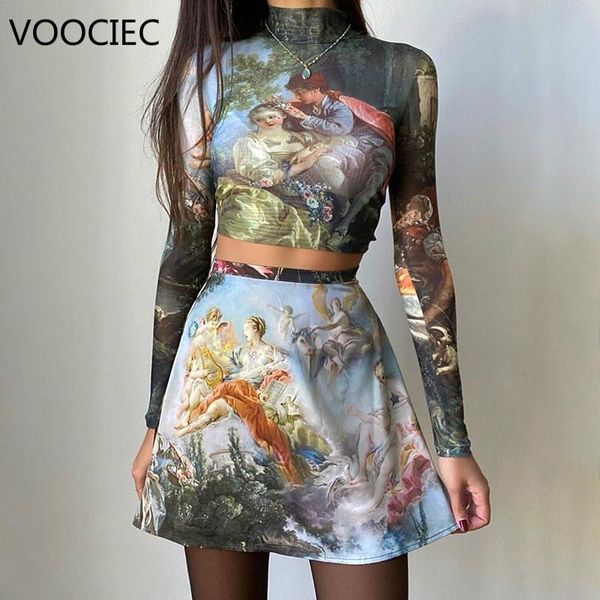 

two piece dress voociec sweet girl vintage printing oil painting angel biker shorts skirt set suit camis female summer printed, White