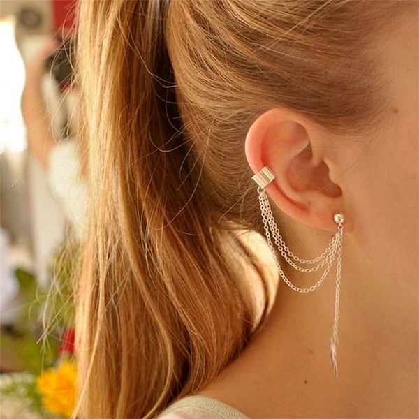 

long women fashion earring dangling punk rock style leaf chain tassel earrings, Golden
