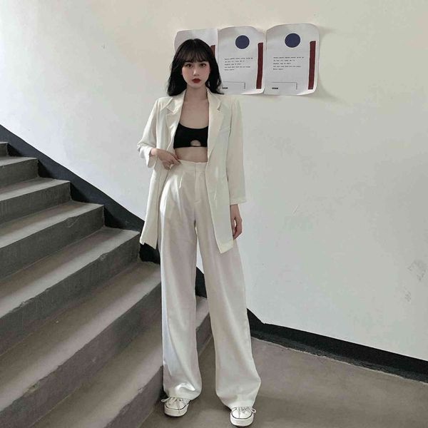 

women's two piece pants casual 2 peÃ§a conjunto jaqueta blazer feminino casual ampla perna reta pant terno branco roupas s 1wyz, White