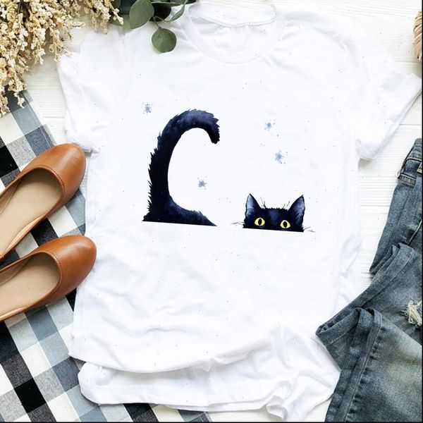 

cat cartoon watercolor swomen t shirts sleeve fashion print clothes graphic tee womens, White