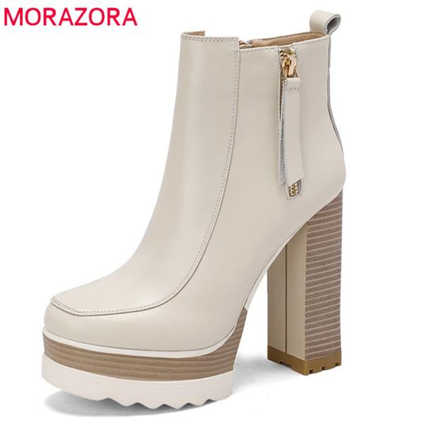 

boots morazora 2022 arrive genuine leather footwear women ankle vintage high heels platform shoes dress party, Black