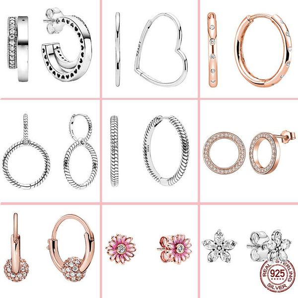

hoop & huggie 100% 925 sterling silver earrings round heart-shaped daisy series diy for women fashion earring jewelry gift, Golden;silver