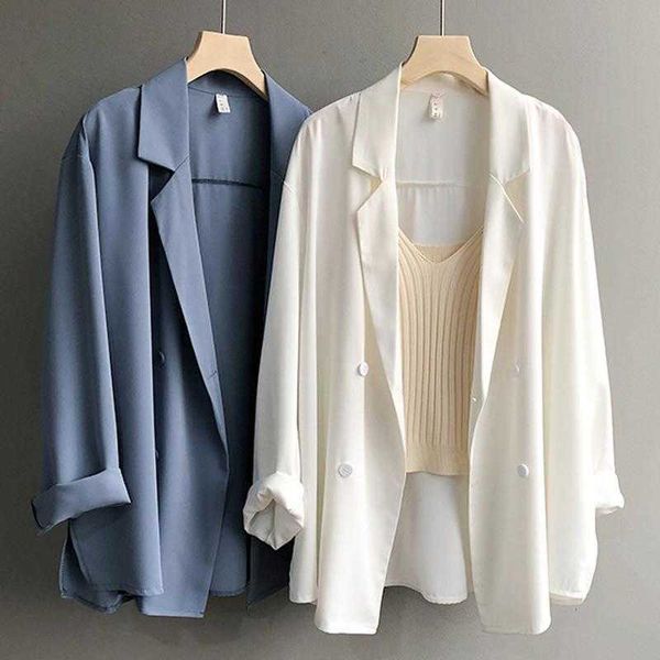 Mode Frauen Lose Sommer Blazer Oberbekleidung Weibliche Elegante Chiffon Mantel Koreanische Büro Damen Casual Solide Zugeschnitten 210930