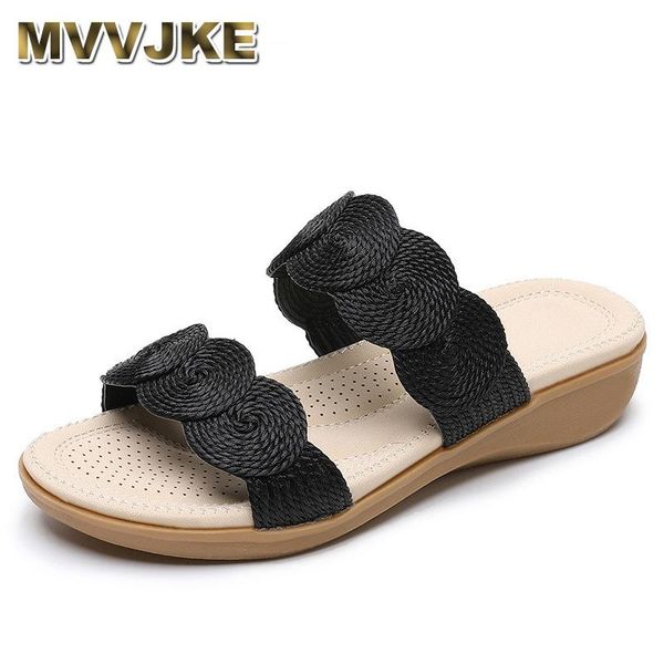 

slippers mvvjke national wind sandals women bohemian flat wedge shoes thongs sandalias de verano para mujer, Black