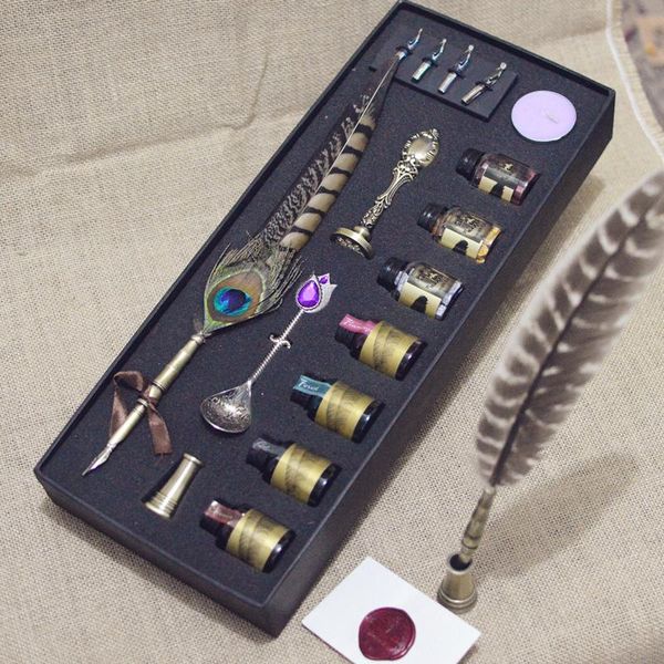 

fountain pens luxury pen set, retro feather peacock quill wax seal wedding gift