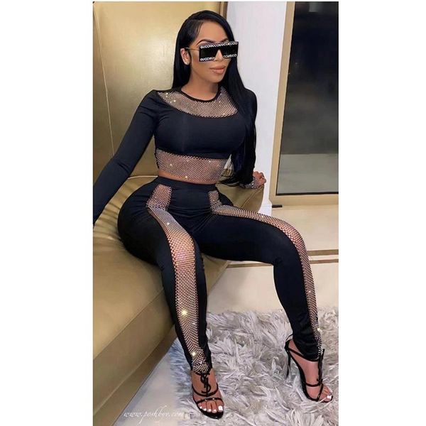 

women's two piece pants 2021 autumn black women pieces set diamonds mesh patchwork long sleeve crop & skinny club party outfits f24, White