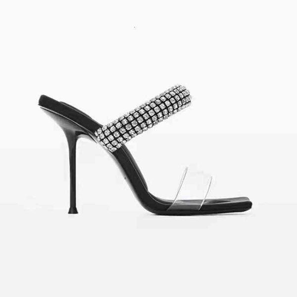 

women's shoes mi mi's same sandal's 2022 square head black one-sided belt transparent high heels thin