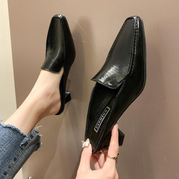 

summer slippers women shoes solid black mules fashion ladies high heels female pointed toe slides