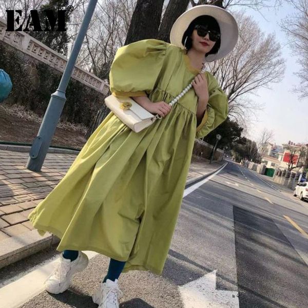 

[eam] women yellow big size long dress round neck long lantern sleeve loose fit fashion spring summer 1dd7475 21512, Black;gray